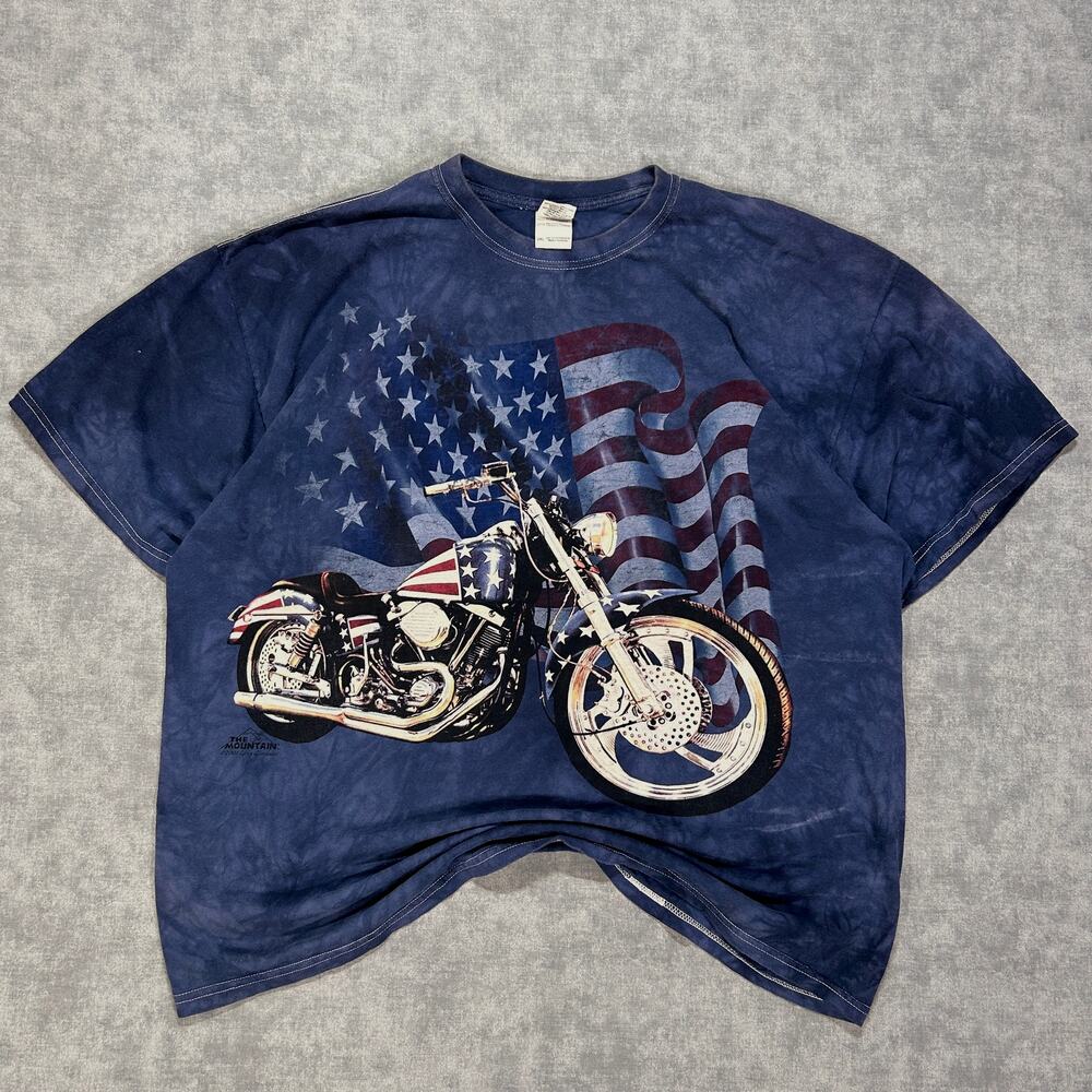 The Mountain USA flag motorcycle graphic Tshirt 2008 mens XXL Gildan Y2K